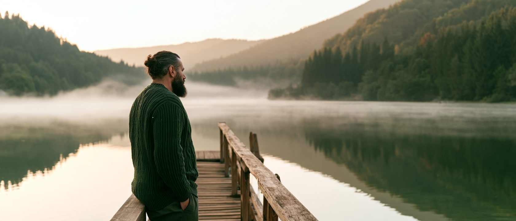 Benjamin Faci sur un ponton, face à un lac au petit matin